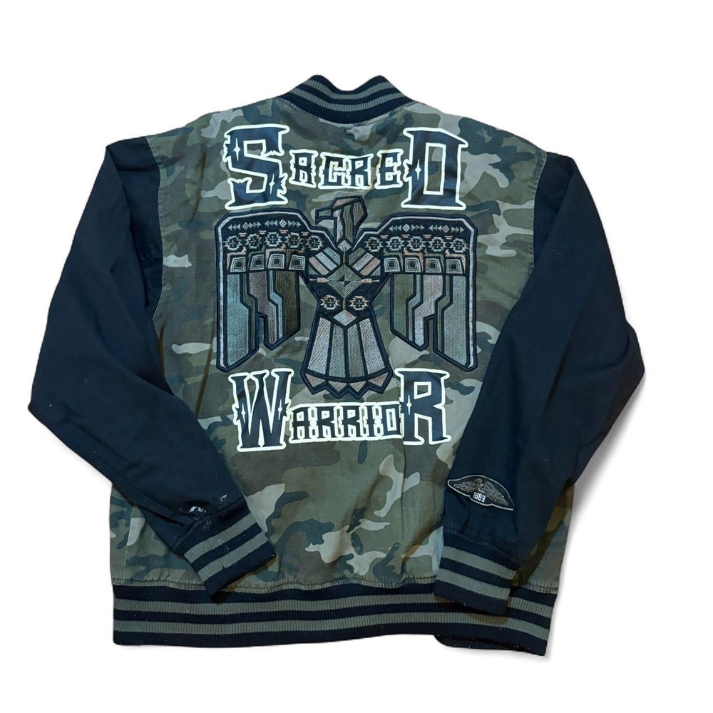Square Zero Sacred Warrior Camo Bomber Jacket Green Black Eagle Graphic Mens XL